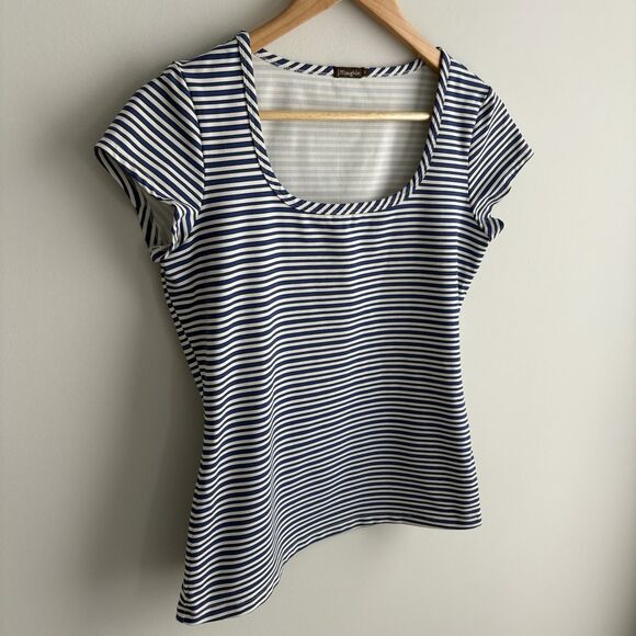 J McLaughlin Small Top Blue White Striped Nylon Blouse Cap Sleeve Summer Top - Picture 5 of 8